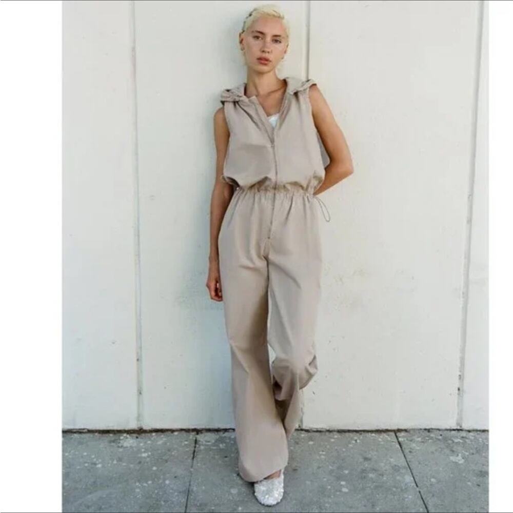 Zara Sleeveless Hooded Jumpsuit Khaki Size Large Trending Y2K Utility - Picture 4 of 8